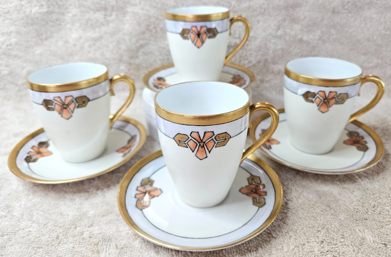 Set of 4 Art Deco German Porcelain Cups and Saucers.  Hand-painted.  Marked