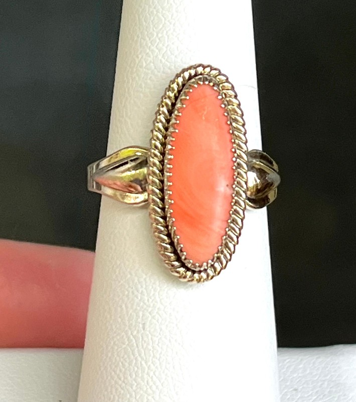 Vintage Signed Popovitch Navajo coral sterling silver ring 4.3 gm SIZE 6.75 JP