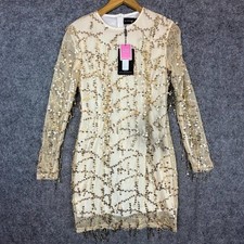 Pretty Little Thing Bling Dress Women 8 Beige Sheer Overlay Sequin NYE Holiday