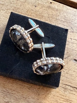 Vintage Silver Plated Oval Black Goldstone Cufflinks With Scalloped Edging Desig