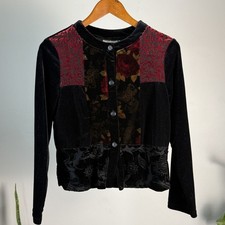 Vintage Black Velvet Burnout Rose Patchwork Cropped Cardigan  Goth Grunge Boho
