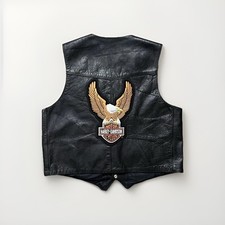 Black Leather Biker Vest Size 44 Harley Davidson Eagle Back Patch Men s