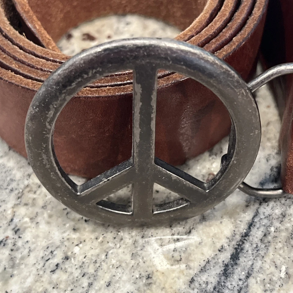 Vintage American Eagle Outfitters Women XL Belt Brown Leather Peace Sign Buckle - Image 2 of 4