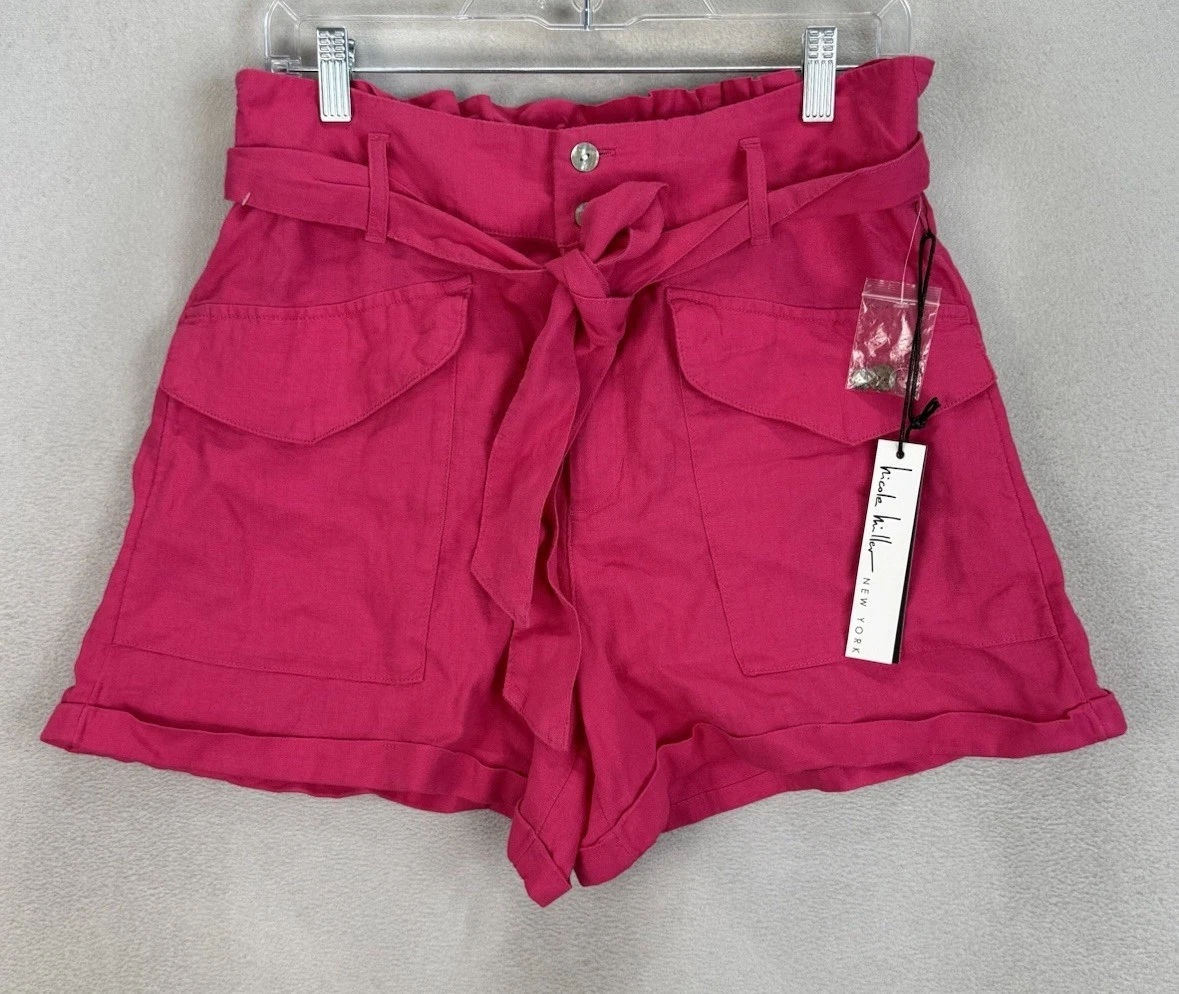 Nicole Miller Women’s Sz M Pink Linen Blend New York Paperbag Belted Shorts NWT