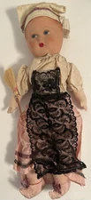 Vintage Polish Cloth Girl Doll With Lace Apron - Plastic Face - Whisk Broom