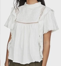 LADIES FREE PEOPLE IVORY LACE RUFFLE  slubbed jersey BLOUSE SIZE XS -NWT-