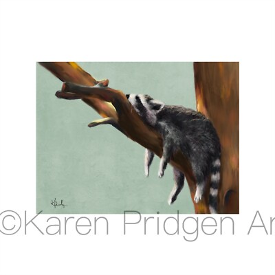 ACEO ATC Art Card Painting Print Signed Raccoon Forest Animal Nature Wildlife