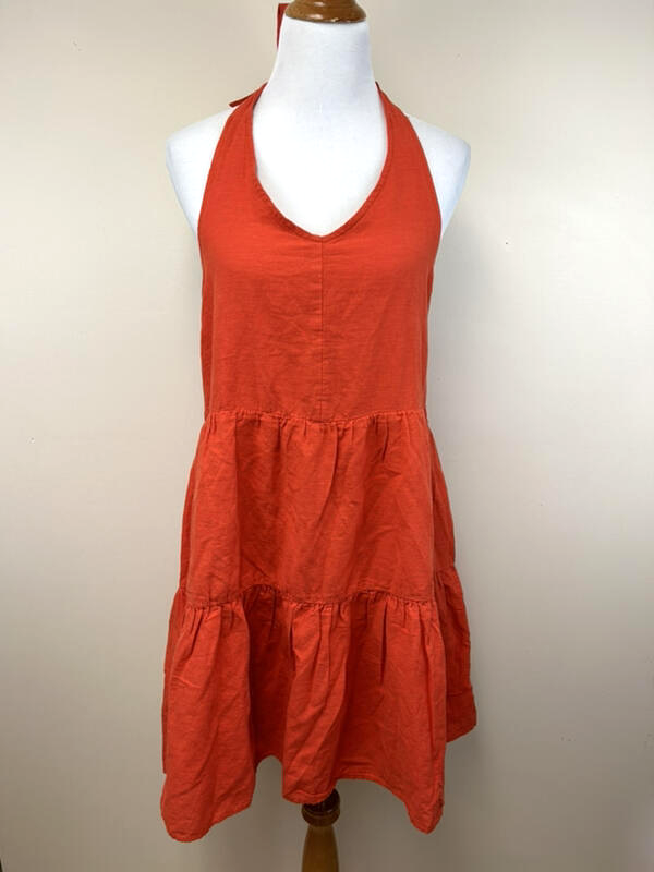 NWT American Eagle XXL Tiered Halter Dress Orange Linen Blend Smocked Back  | eBay