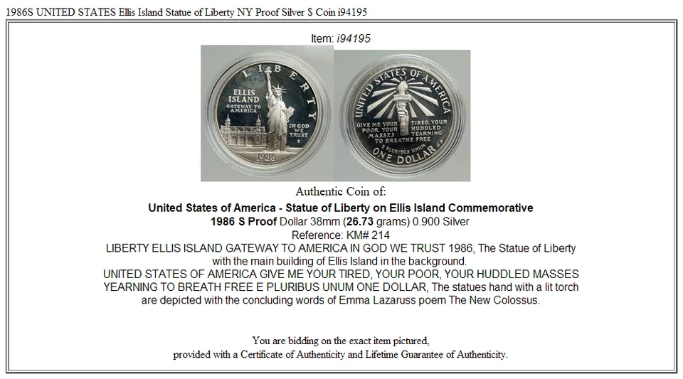 1986S UNITED STATES Ellis Island Statue of Liberty NY Proof Silver $ Coin i94195 - Image 3 of 3