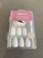 Claire’s 24 False Nails w/ Glue WHITE STILETTO Shaped Nails | New W/ Fast Ship!