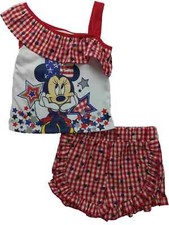 Disney Girls Red Blue White Minnie Mouse Gingham Checker Print Outfit