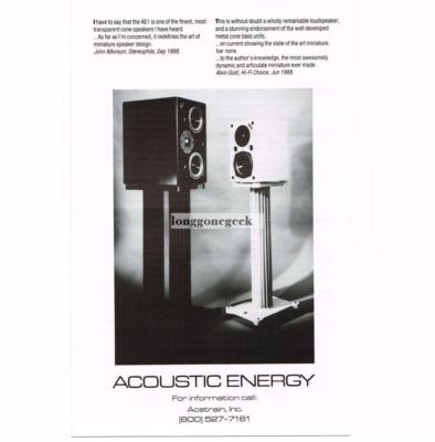 1991 Acoustic Energy AE1 Speakers Stereo Hi-Fi Vintage Print Ad