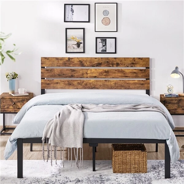 Twin Full Queen Metal Platform Bed Frame w Wooden Headboard Rustic Country Style