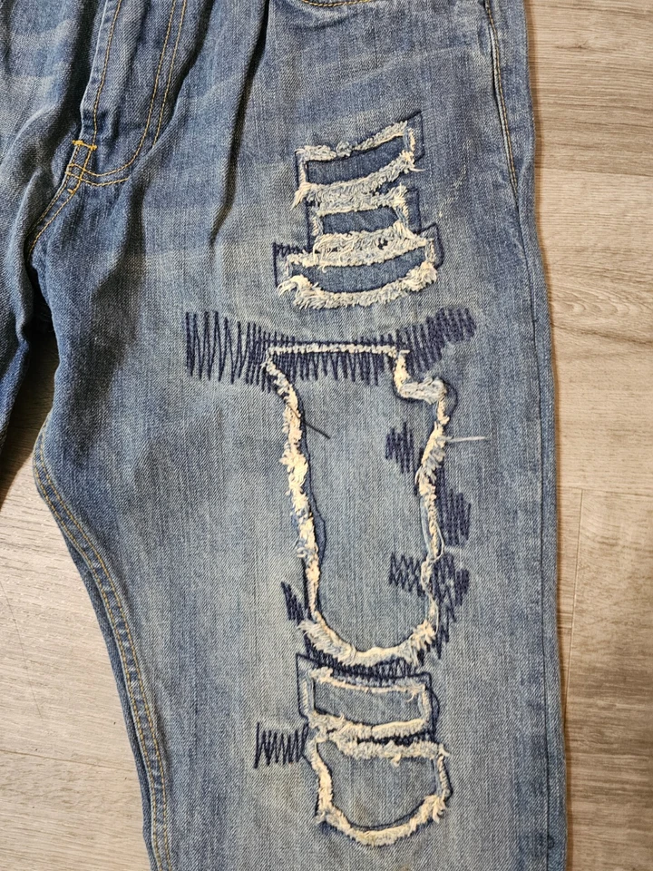 Pantalones de mezclilla Evolution Design para hombre desgastados destruidos parcheados 38 x32 Foto 2 de 4