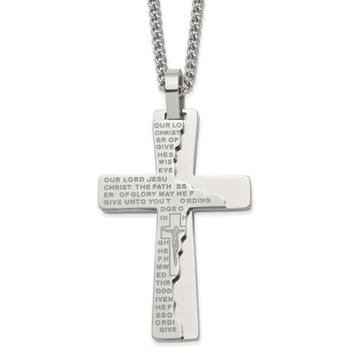 Chisel Stnls Steel Etched Broken Prayer Cross Pendant Curb Chain Necklace 24''