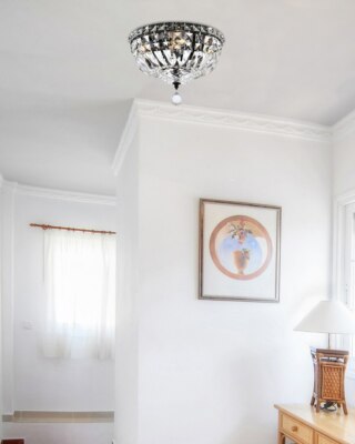 Crystal Flush Mount Chandelier 4 Light Fixture Black Frame Bathroom Bedroom 12''
