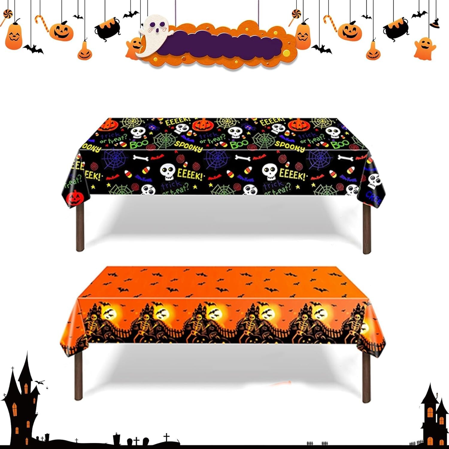 Halloween Tablecloth Decorations Indoor, Pumpkin Rectangle Halloween 2Pcs