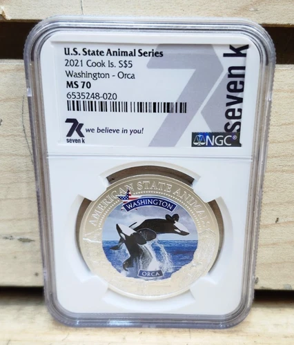 2021 COOK ISLANDS WASHINGTON ORCA WHALE NGC MS70 AMERICAN STATE ANIMALS 1 OZ SIL