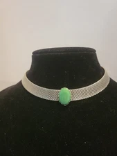 Vintage Victorian Revival Silver Tone Mesh Jadeite Glass Choker Necklace Adjust