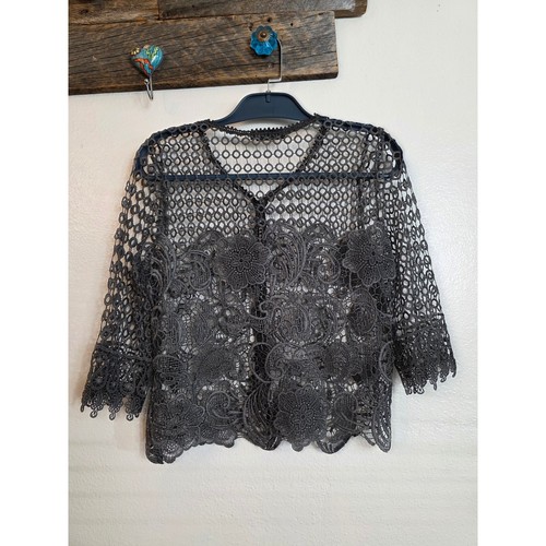 Black Crochet Lace Kimono Cardigan Sheer Boho Floral Open Front Top Lightweight - Afbeelding 9 van 13