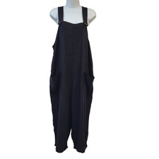 F&F Dungarees Baggy Wide Leg Navy Cropped Linen Buttoned Women's 16 W34-46 L20