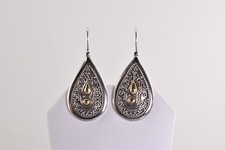 BA Suarti Sterling Silver & 18k Gold Ornate Bali Teardrop 925 Hook Earrings