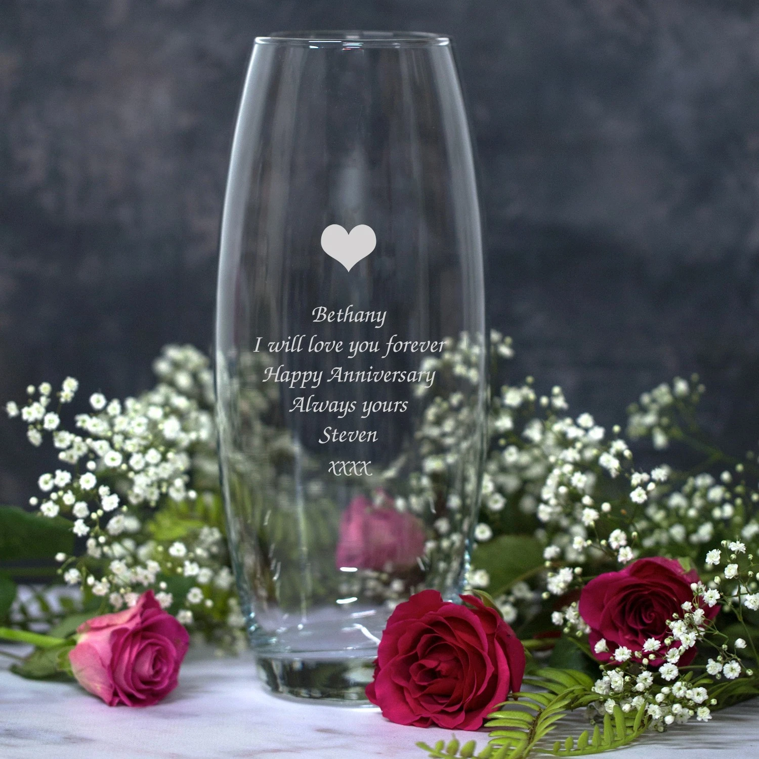 Personalised Engraved Big Heart Glass Flower Bullet Vase Anniversary Wedding
Opens in a new window o