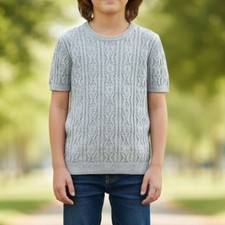 Noma Boys Sweater Size 8 Short Sleeves Textured Knit Light Blue Preppy Academia