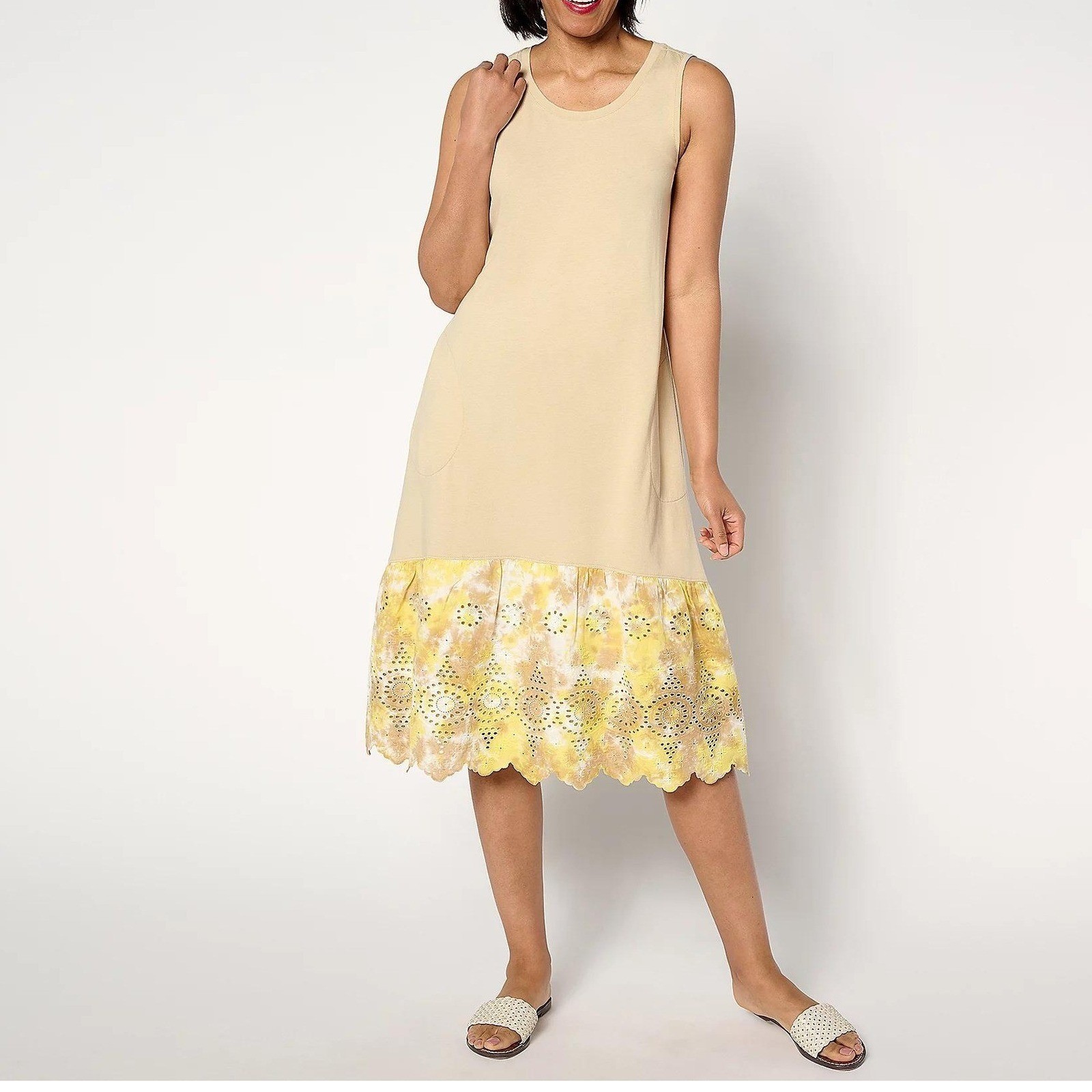 LOGO by Lori Goldstein Regular Cotton Modal Tank Dress w/ Eyelet Khaki 2X