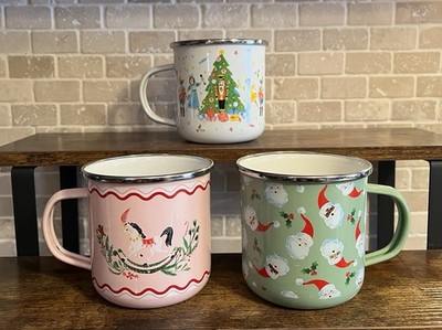 World Market Coffee Cocoa Tea Camping Mugs Christmas Holiday Enamel Tin Set of 3