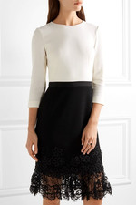 Oscar de la Renta Cream Black Wool Dress Floral Lace Hem Fit&Flare M US 6