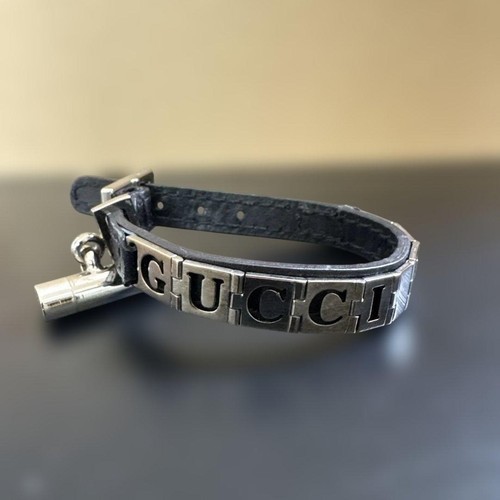 Gucci Cat Black Leather Cat Collar W/Charm 14.5-16.5cm Vintage L2