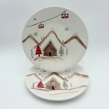 Potter's Studio Winter Ski Lodge Scene Plates Set of 2 Holiday Decor