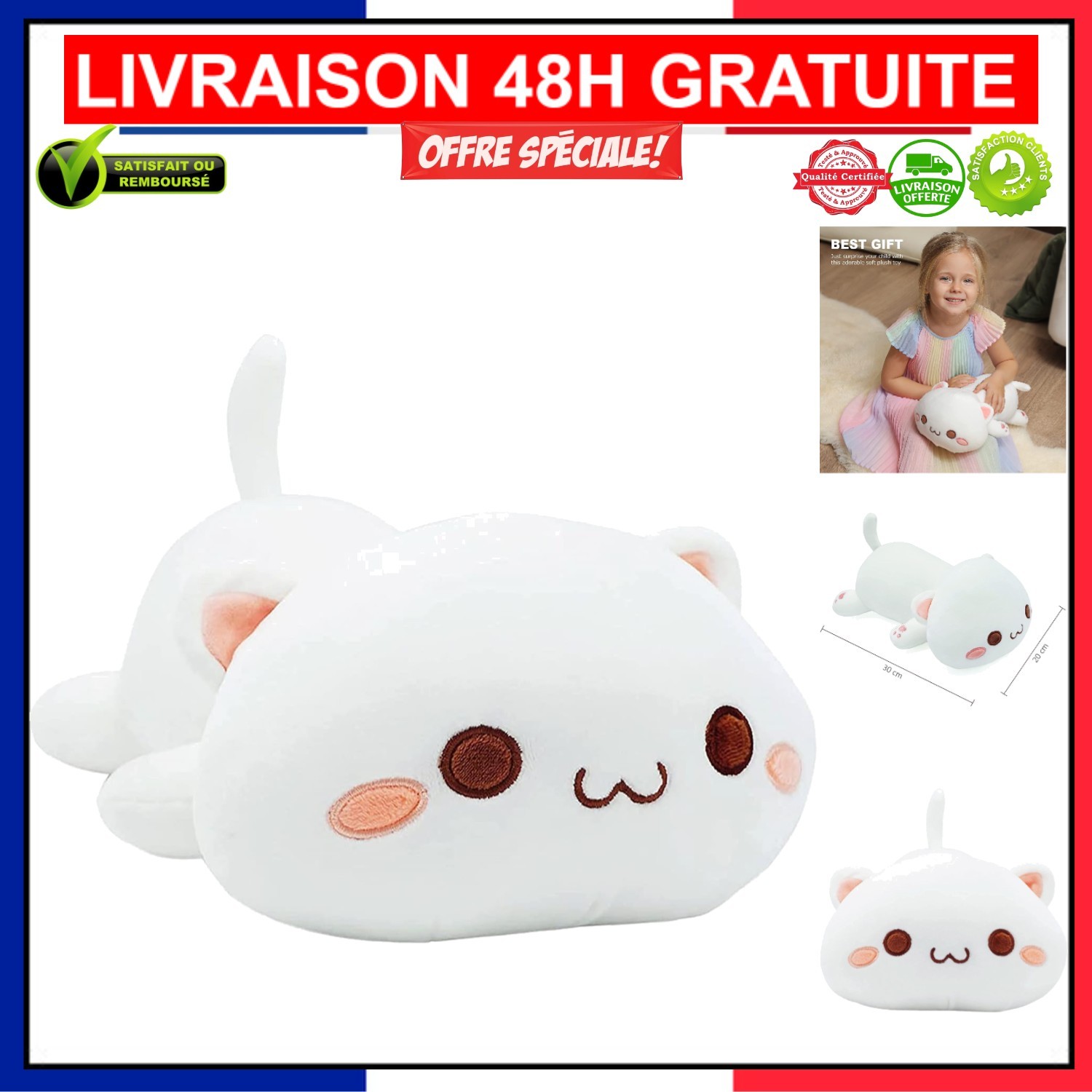 Oreiller doux peluche chat pour coin lecture enfant coussin sieste rose