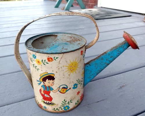 VINTAGE OHIO ART CHILDS WATERING SPRINKLING TIN LITHOGRAPH CAN DUTCH BOY GIRL