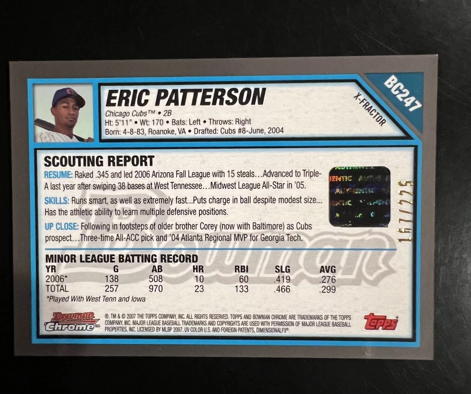 2007🔥Eric Patterson🔥Bowman Chrome Prospects Prospect X-Fractor Rookie Auto  - Image 2 of 2