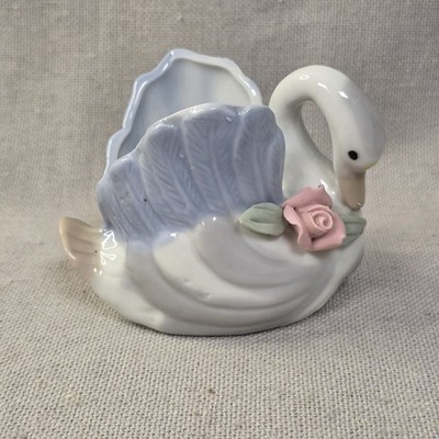 Vintage Swan Trinket Dish Decor Rose Floral Delicate Small Porcelain White Blue