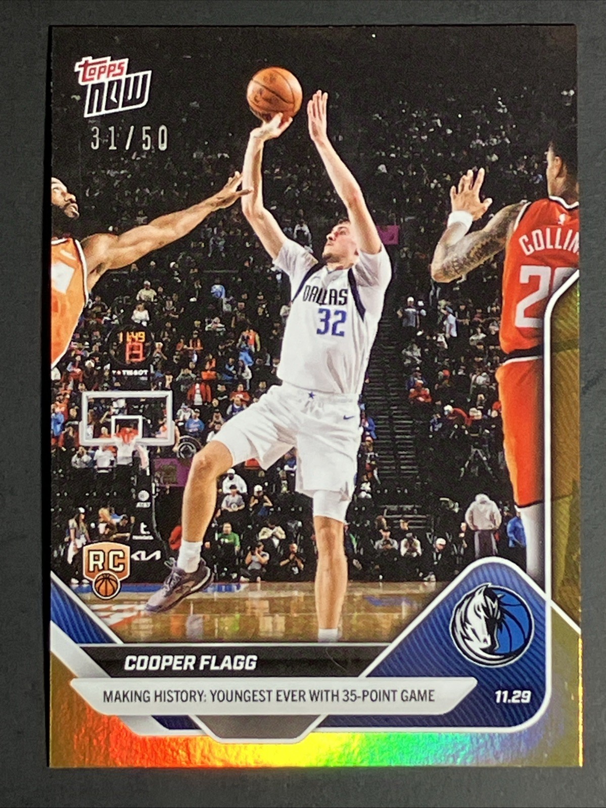 Cooper Flagg 2025-26 NBA Topps Now #67 Youngest 35 Pt Game Gold Foil /50 RC Mavs