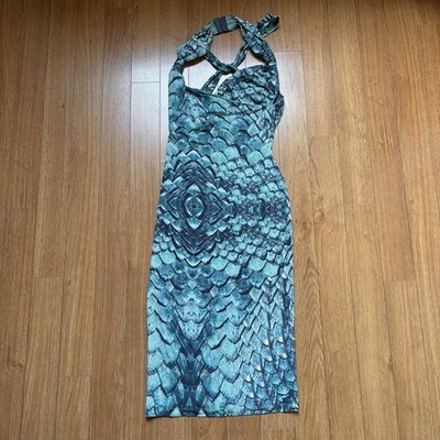 Vintage 90er Roberto Cavalli blau Python Schlangenmuster Bodycon Stretch Kleid Y2K
