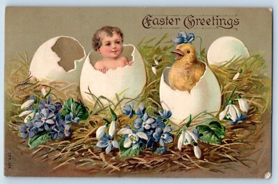 Easter Postcard Greetings Baby And Chick On Hatched Eggs Flowers Embossed c1910s
