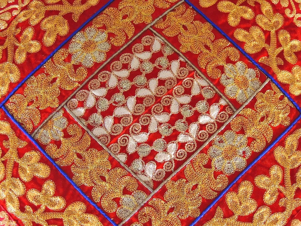 Red Round Gold Zari Pouf Cover Floor Seat Living Room Ottoman Slipcover 18" - Image 4 of 4