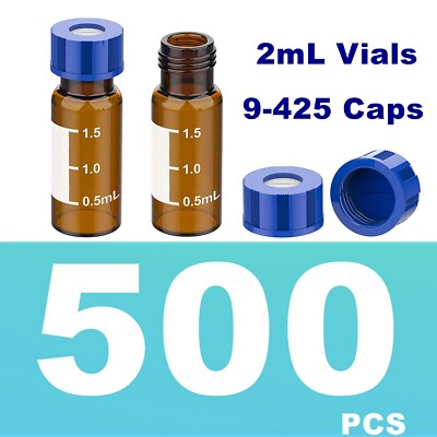 500pcs 2ml Amber HPLC Autosampler Vials Pre-slit Caps Glass Bottle Writing Area