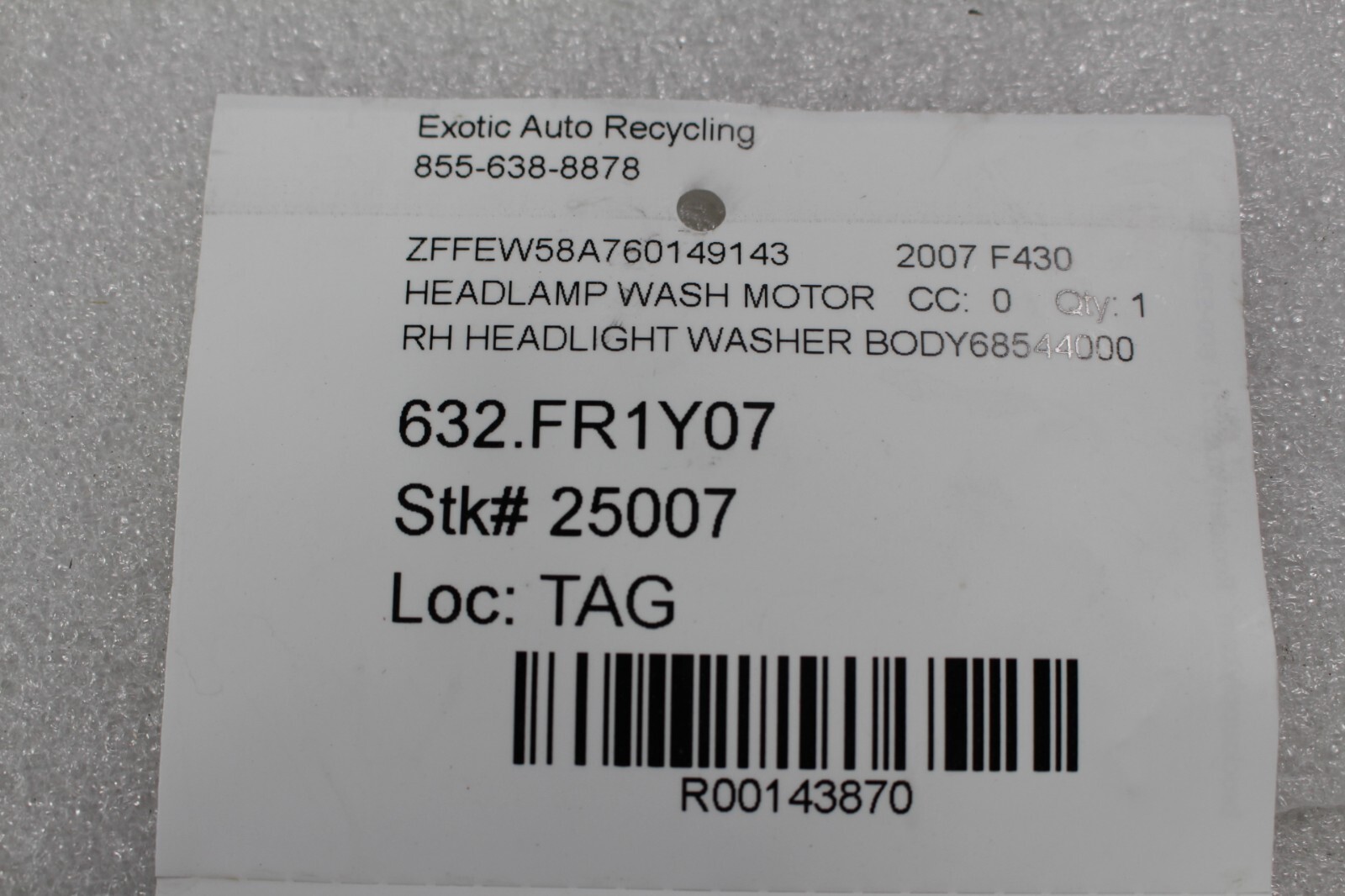 Ferrari F430 Coupe, Spider, RH, Headlight Wash Motor, Used, P/N 68544000