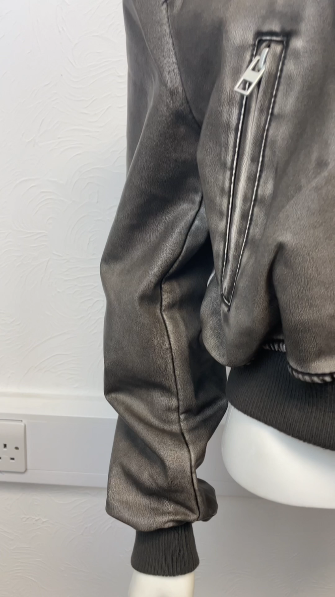 ZARA CHARCOAL WORN EFFECT FAUX LEATHER BIKER OVERSIZED BOMBER