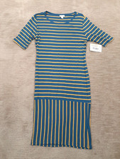 Lularoe Julia Women Dress M Teal Yellow Stripe Geometric Stretch Knit Sheath NWT