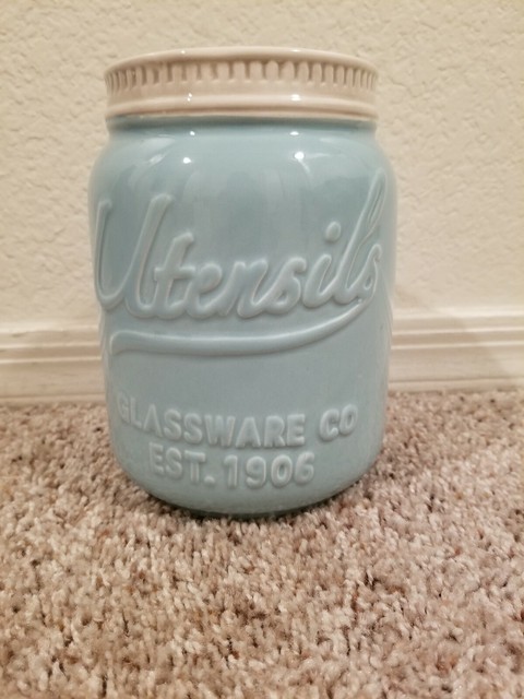 Blue Mason Jar Utensil Holder Ceramic World Market Retro Country