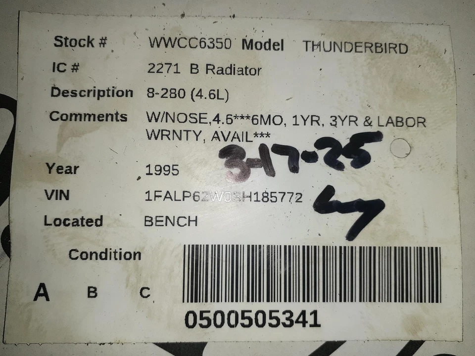 Used Radiator fits: 1995 Ford Thunderbird 8-280 4.6 Grade A - Изображение 4 из 4