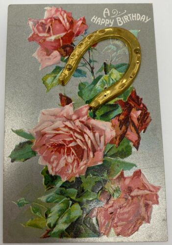 Postal de herradura Ormolu vintage flores de feliz cumpleaños con latón  aplicado | eBay