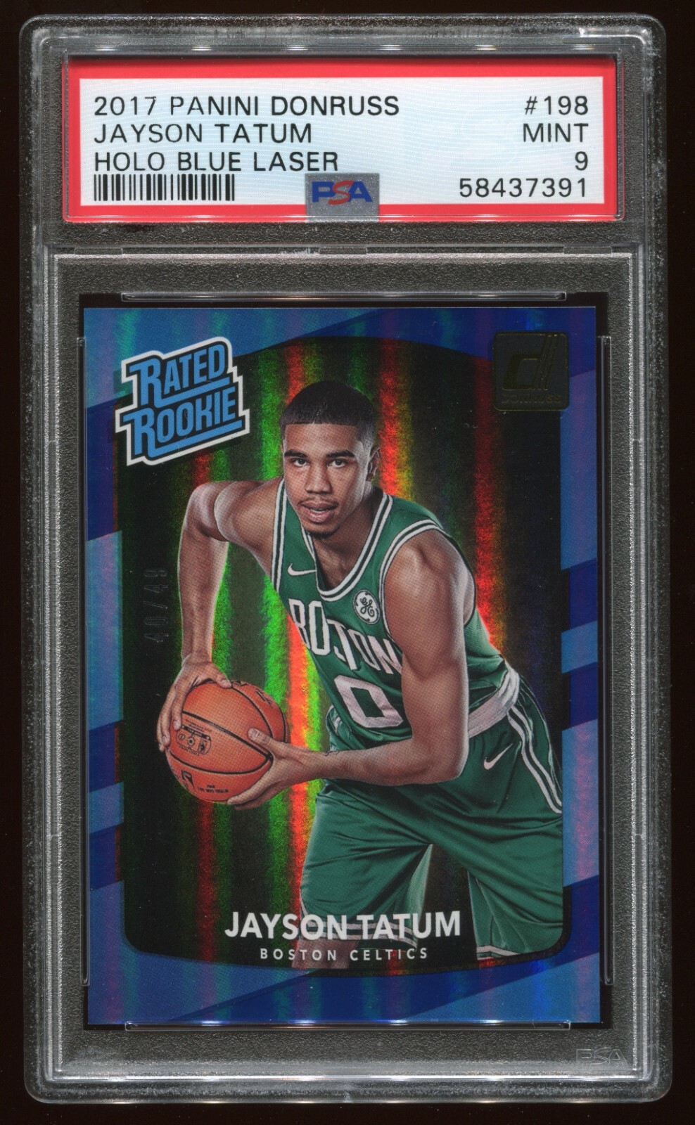🔥 JAYSON TATUM 2017 DONRUSS HOLO BLUE LASER REFRACTOR ROOKIE #198 SP! /49 PSA 9