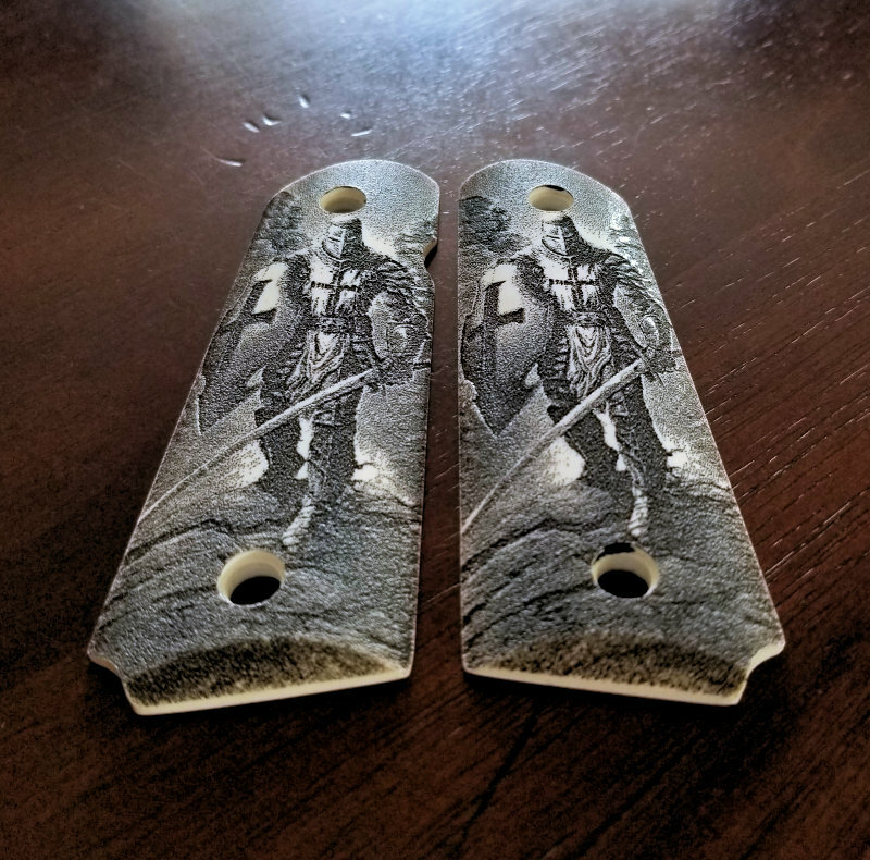 1911 full size custom engraved faux ivory grips Crusader Knight